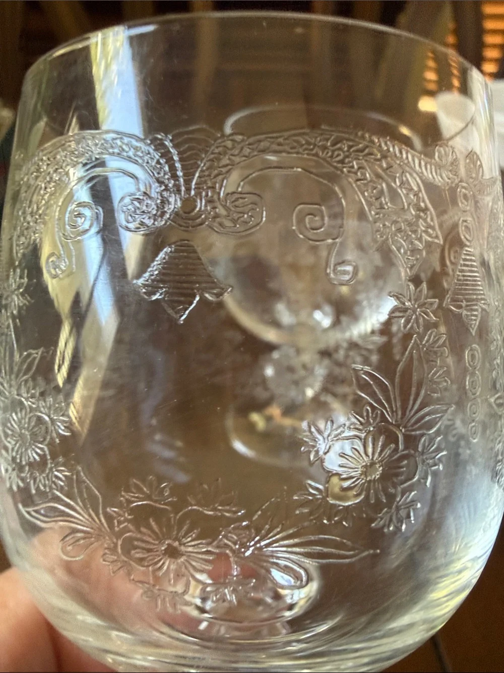 2 pc Czech Bohemian clear etched Crystal Cascade Design cordials footed glasses